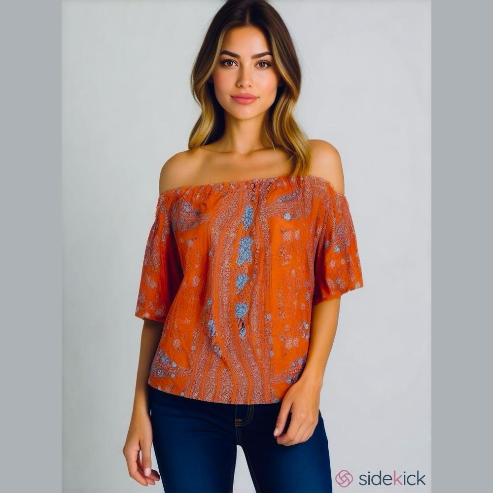 Anthropology Jaase Red Floral Boho Off Shoulder Flutter Sleeve Top - Large